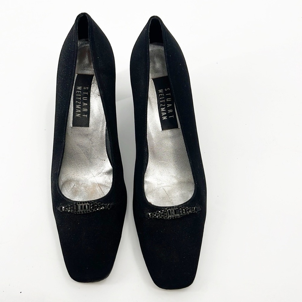 Stuart Weitzman Black Fabric Rhinestone Detail block heel size 9.5 Vintage - Picture 2 of 14